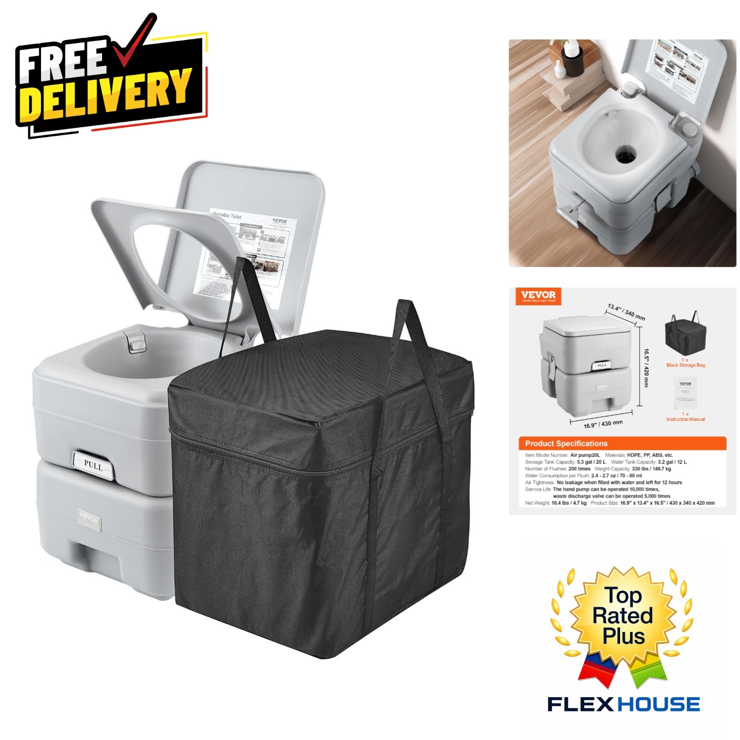 Lightweight RV Toilet with Pressurized Flush, Leak-Proof Design – 5.3 Gal Tank