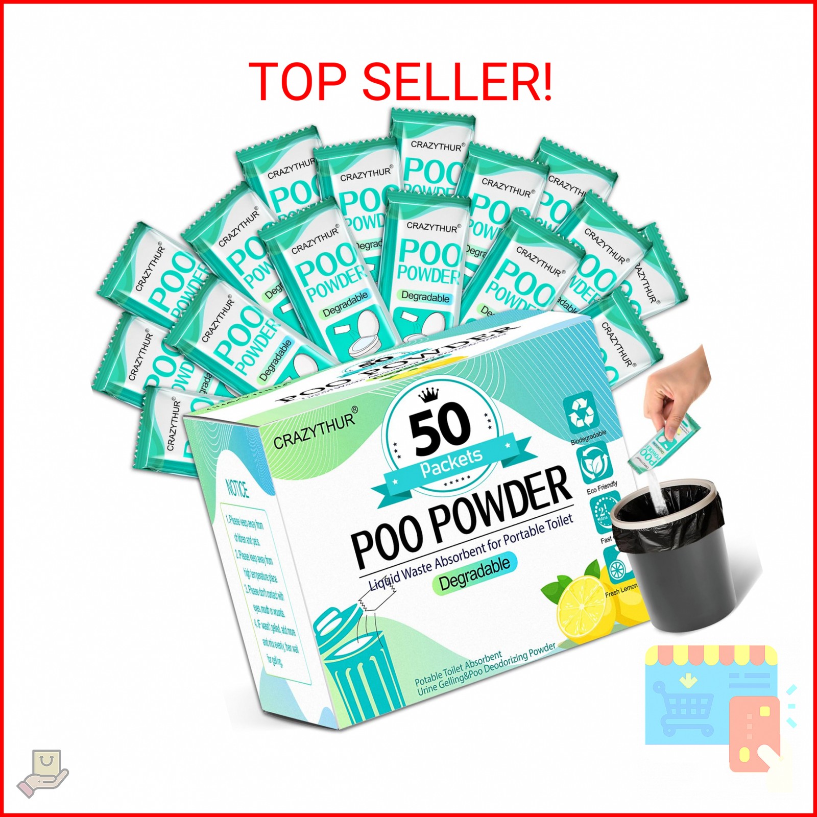 CRAZYTHUR Portable Toilet Gel, 50 Packets Camp Toilet Portable Gel, Poo Powder w
