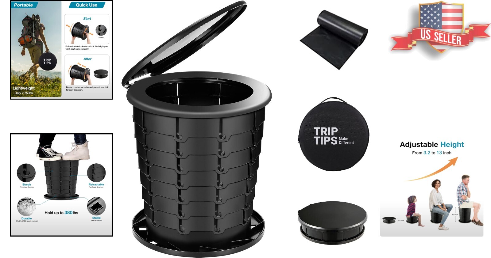 Adjustable Height Portable Toilet: Ideal for Camping & Travel – 380 lbs Capacity