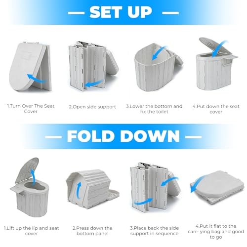 Portable Toilet for Adults, Foldable Plastic Toilet, with Lid and Paper Gray
