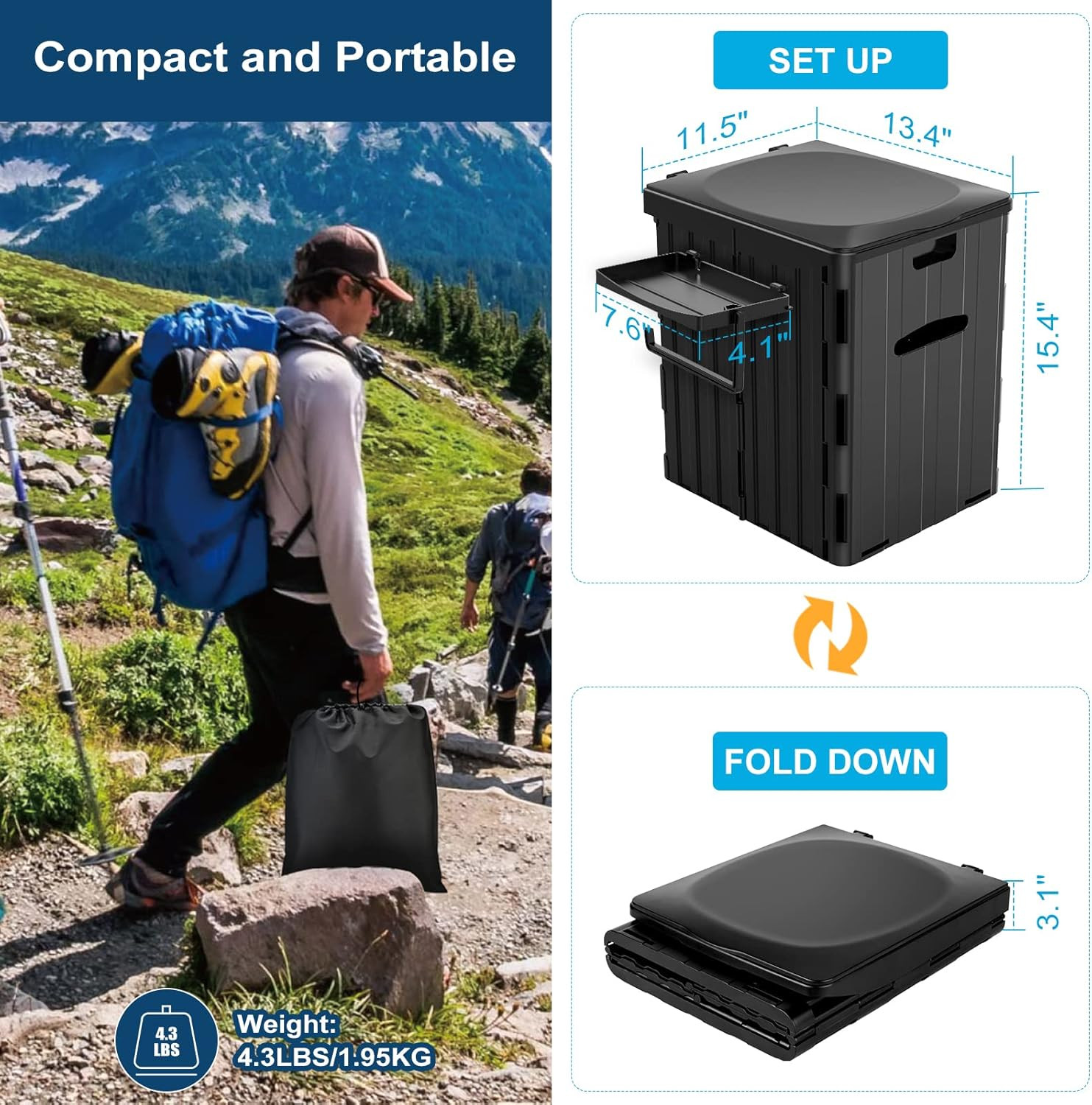 XL Portable Toilet for Adults, Extra Large 15.4″H Foldable Camping with Detachab