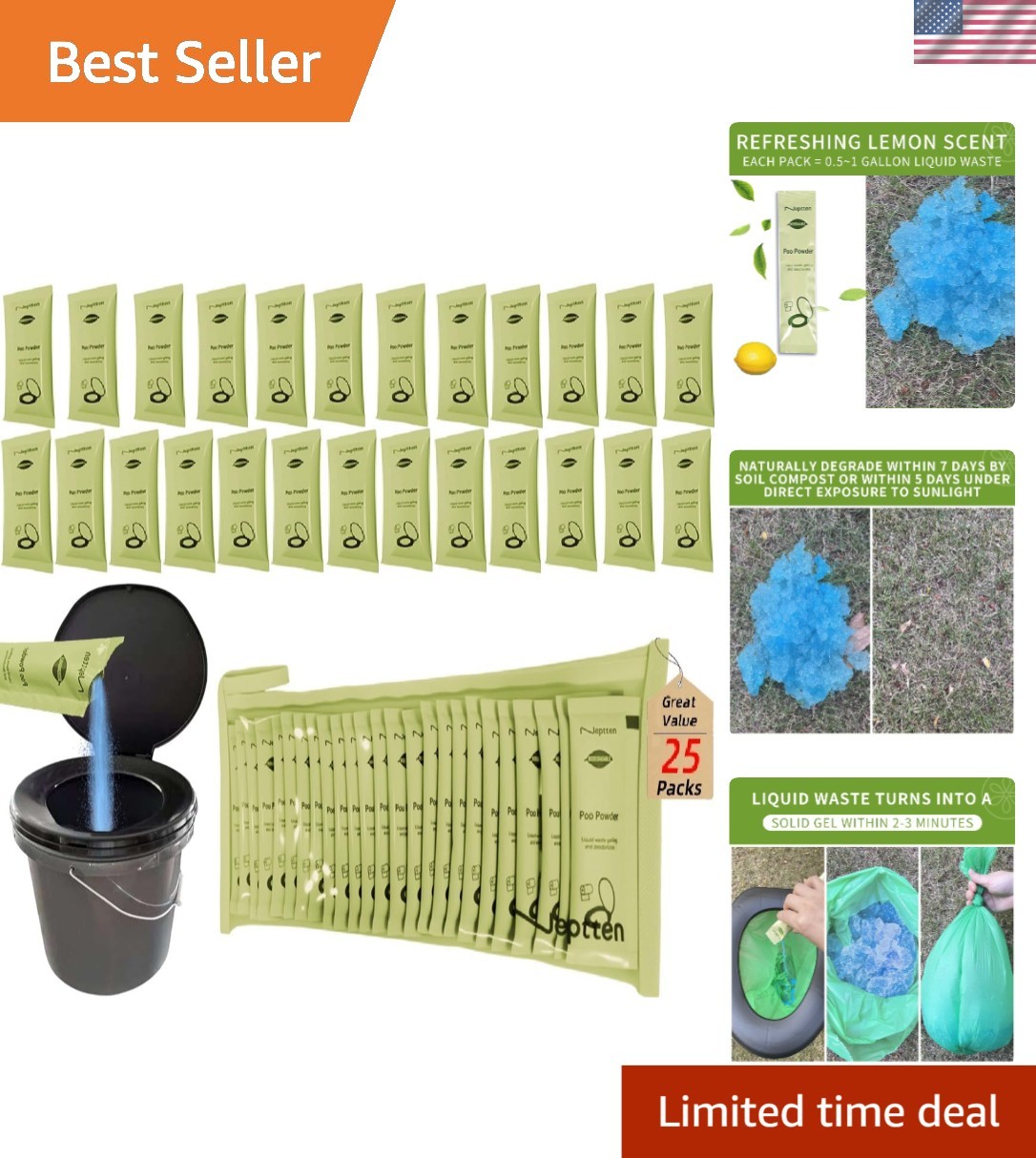 Eco-Friendly Camping Toilet Powder – Odor Control Gel, 10 Fast-Acting Sticks