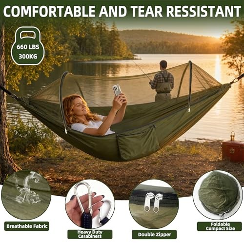 Ultra-Light Travel Camping Hammock with Pop-up Bug Net Hammock, Army Green