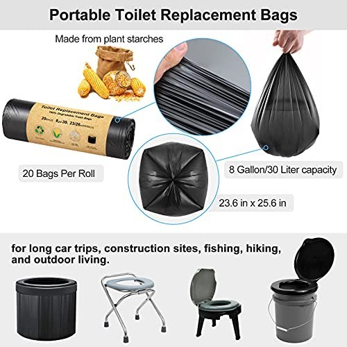 Toilet Replacement Bags 8 Gallon 30 Liter Heavy Duty 1 Mil 40 Count Camping For