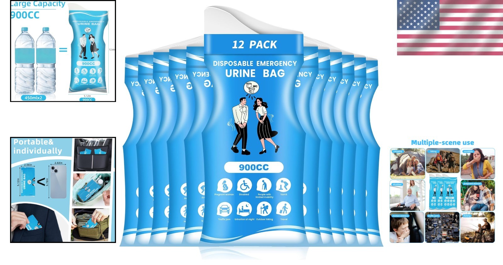 24 Pcs Portable Urine Bags 900ML Leakproof Odorproof Gel for Travel Emergency