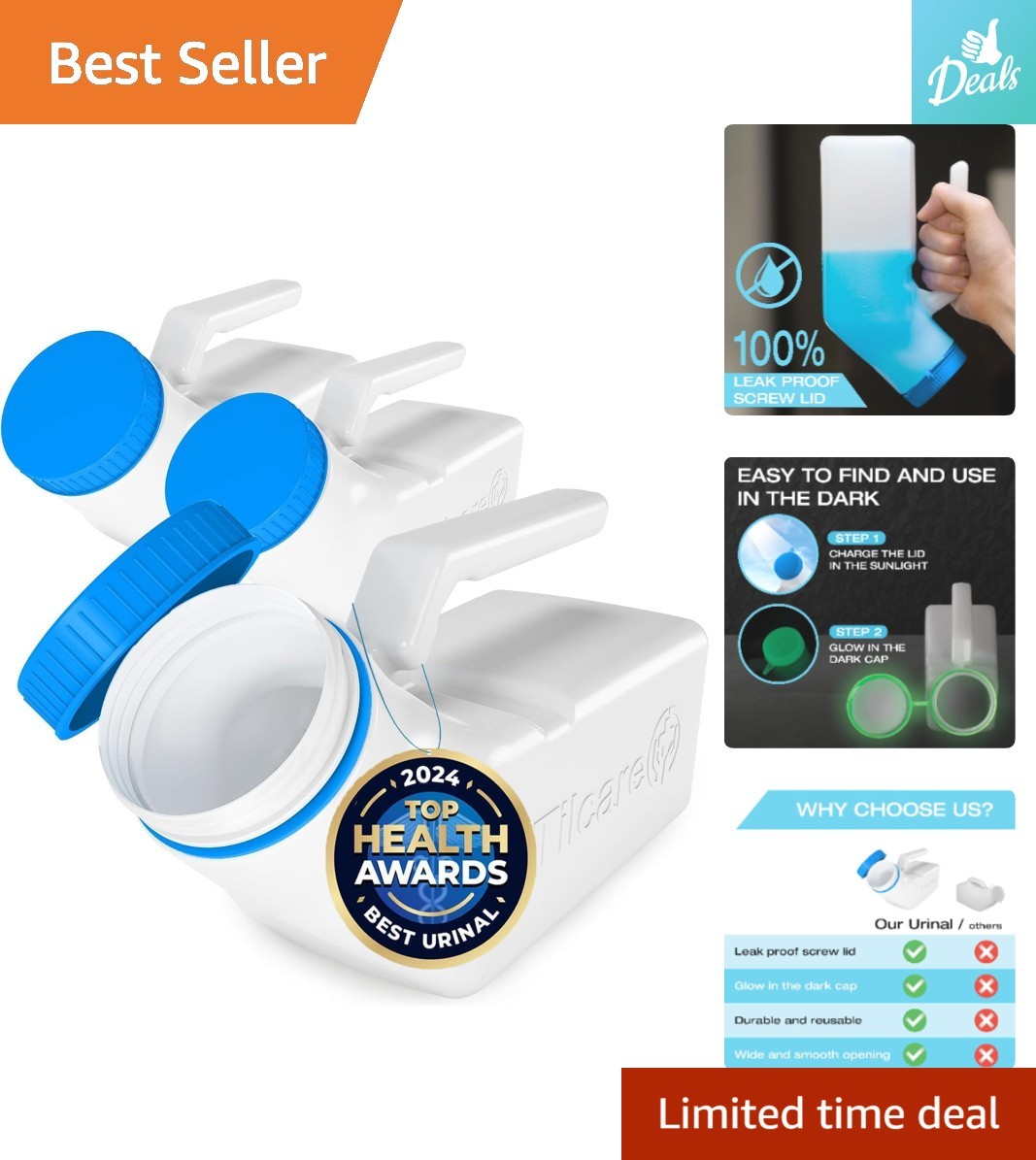 Convenient 3-Pack Men’s Urinals – Glow in The Dark, Screw-On Lid, 32oz Capacity