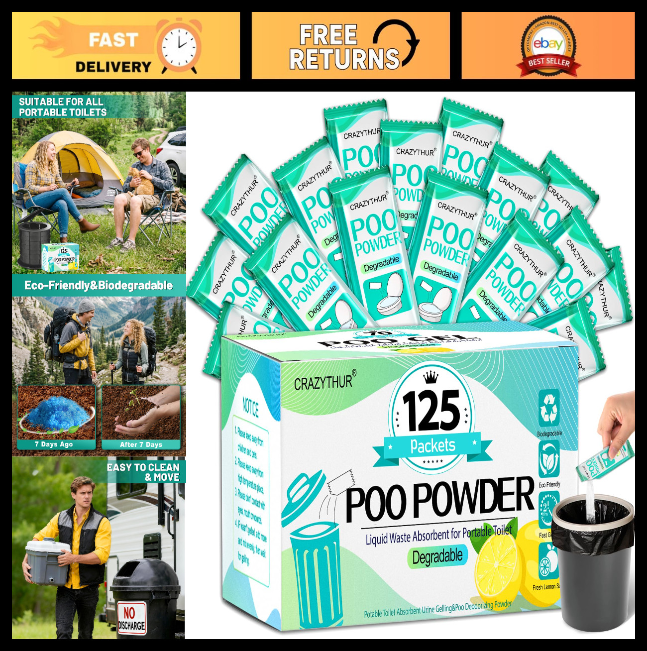 Portable Toilet Gel & Powder for Camping, Hiking, Outdoor Toilets – Easy Clean!