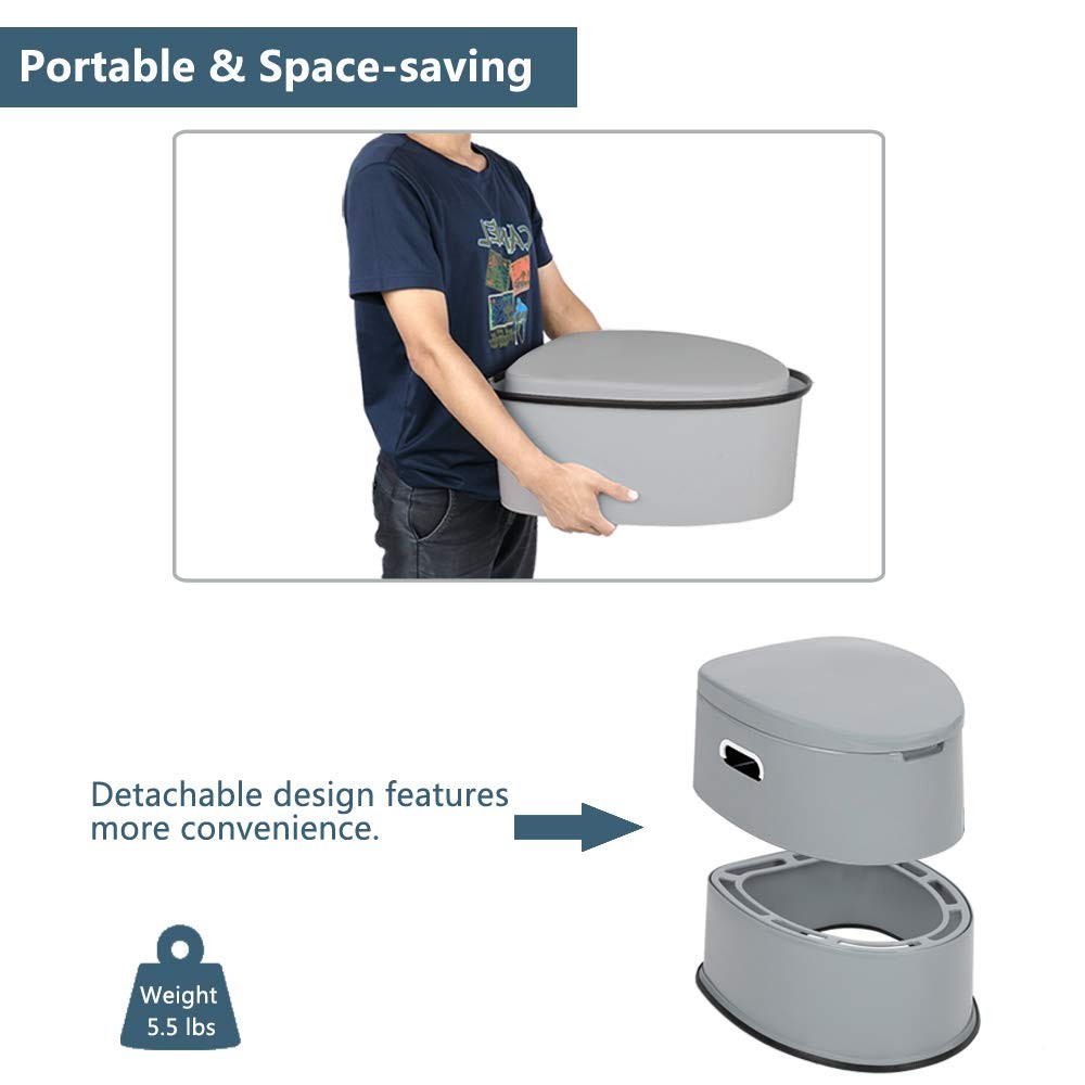 Portable Toilet | Indoor Outdoor Commode w/Detachable Inner Bucket, Grey