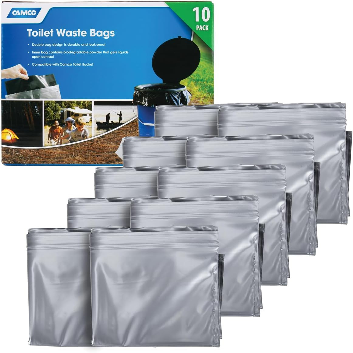 Camco Toilet Waste Bags, Leak Proof Double Bag Biodegradable Powder 10pk (41548)