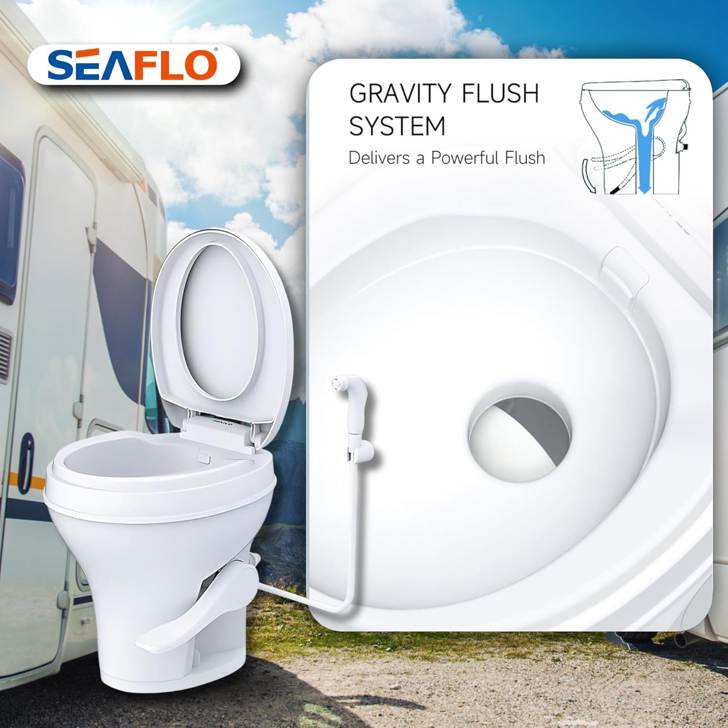 Residential Height Camper/Rv Toilet with Sprayer Attachment, 18.5” Standard Heig