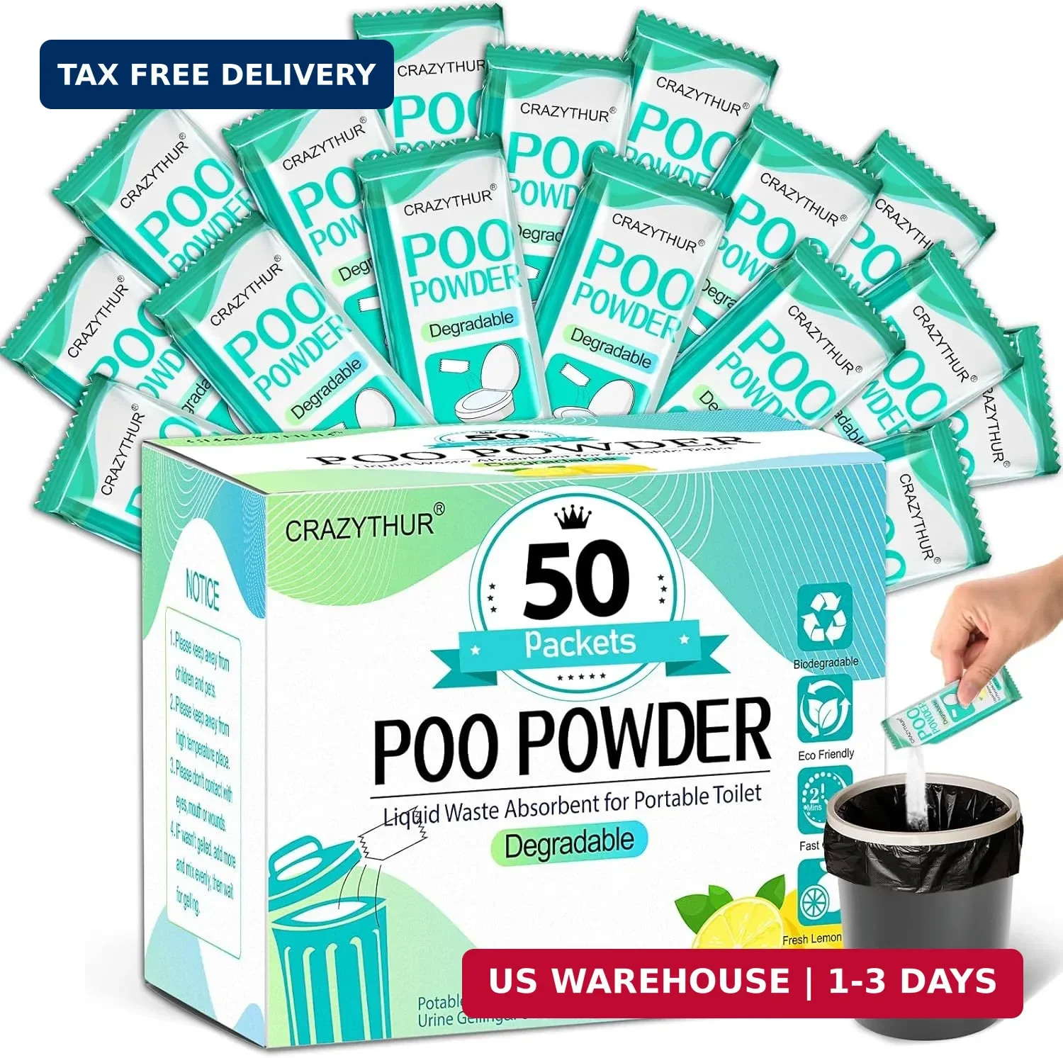 Poo Powder for Portable Toilet Gel Powder, Camping Toilet Gel | Lemon Scent Pee