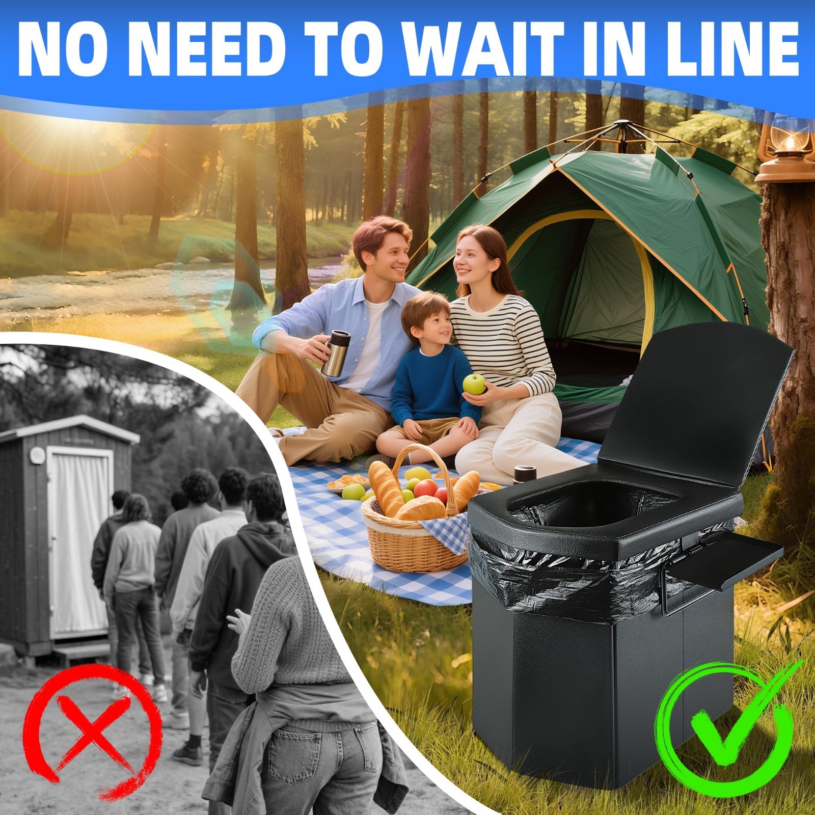 Upgraded Portable Camping Toilet 16.5” Tall, Folding Travel Potty with Lid & Ca