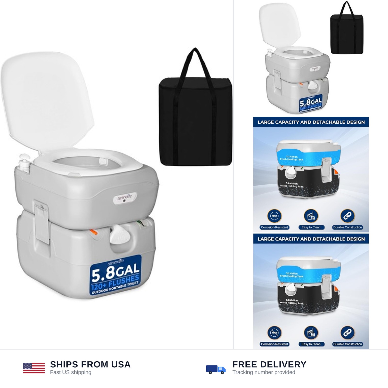 SereneLife 5.8 Gal Portable Camping Toilet with Carry Bag & Level Indicator |…