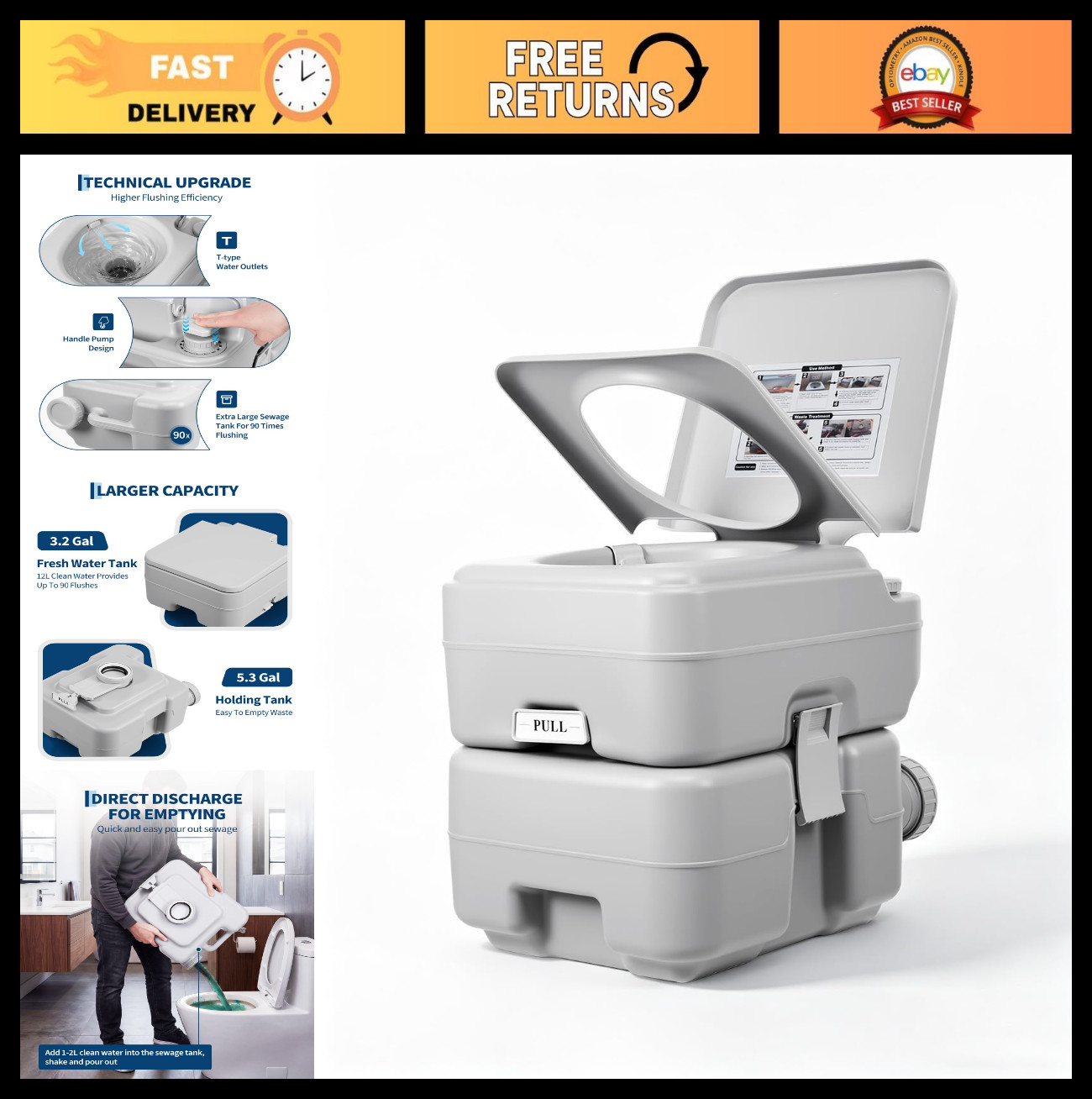 Portable Travel Toilet with 5.3 Gal Waste Tank & 3.2 Gal Flush – RV, Camping, Hi
