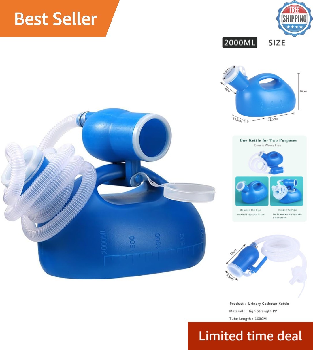Lightweight Male Urinal Bottle 68 OZ with Long Hose – Safe & Portable Design