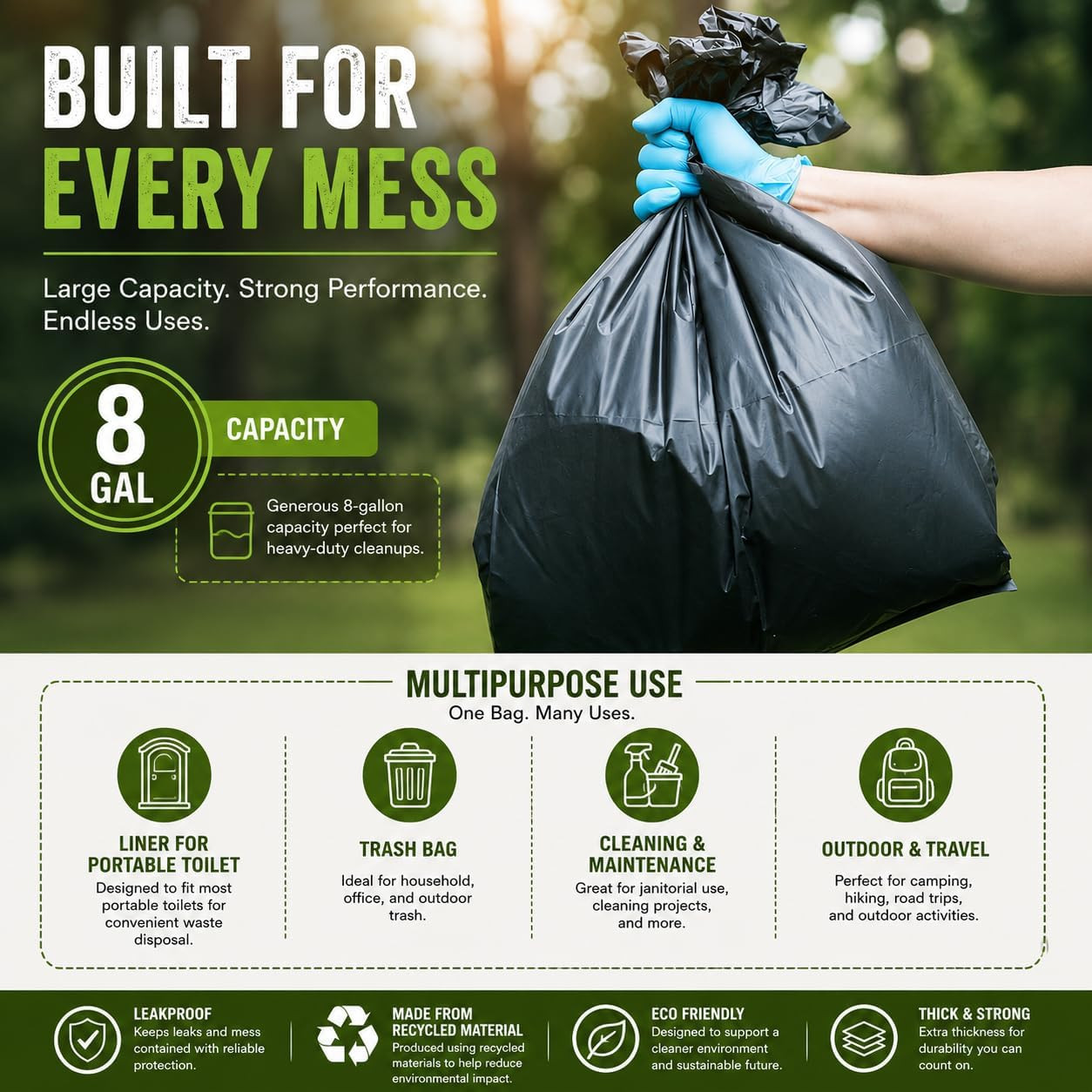 Portable Camping Toilet Waste Bags 8 Gallon Black Recycle Can Liners