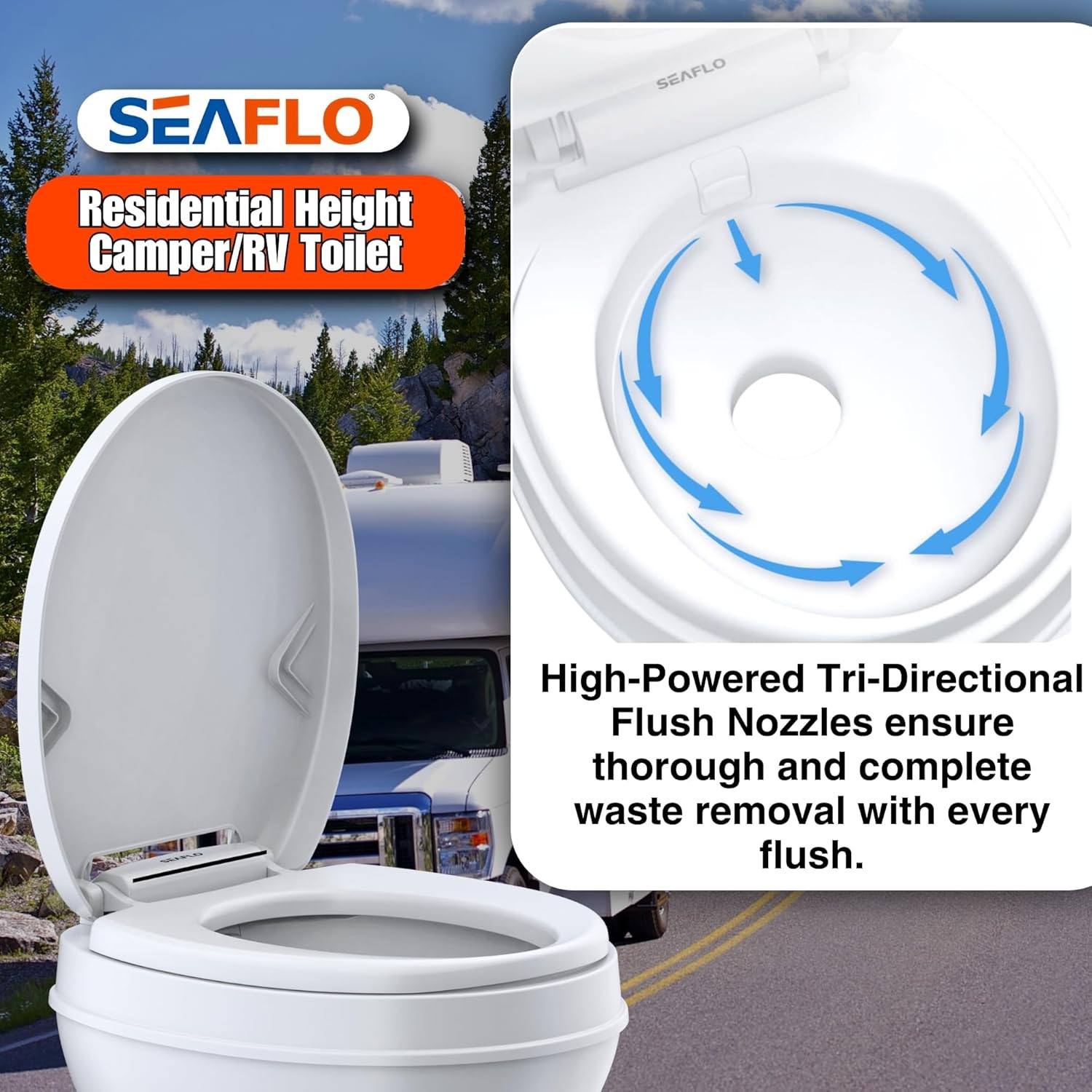 Residential Height Camper/Rv Toilet, 18.5” Standard Height, Gravity Flush System