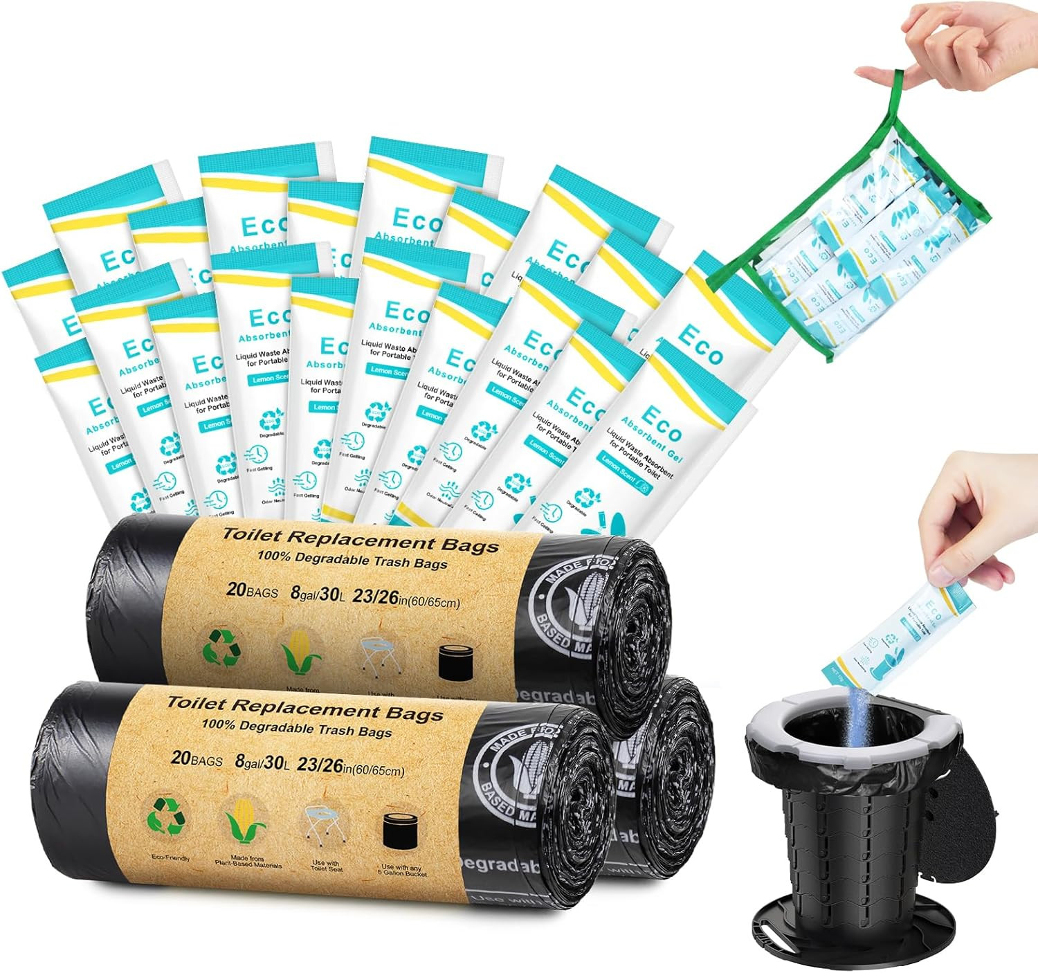 60 Count Camping Toilet Bags Eco Absorbent Gel Set, Portable Toilet Bags with Ge