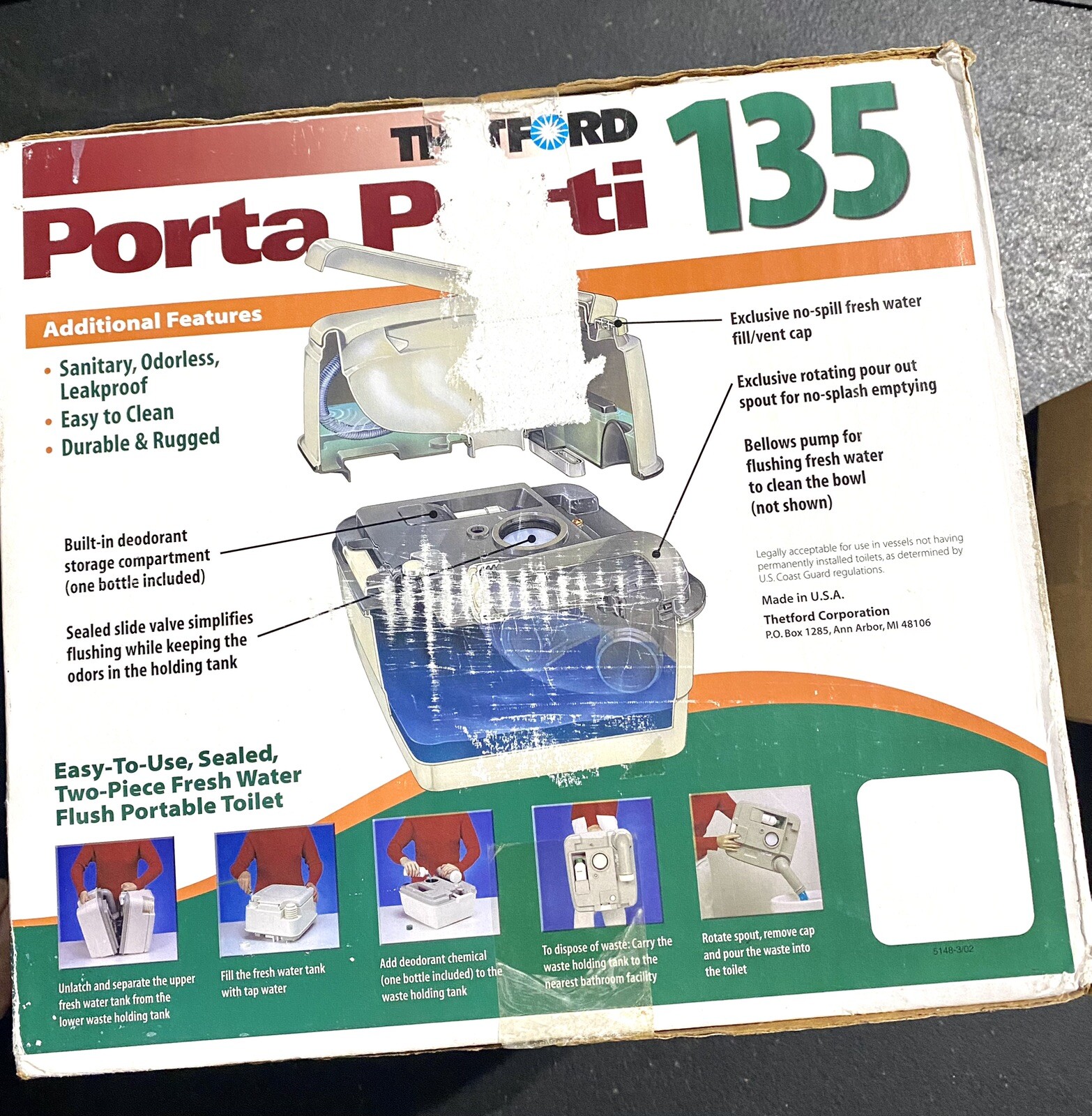 Thetford Camping Porta Potti 135 Sanitized in Box w 32 Oz Camp Chem Used 2X