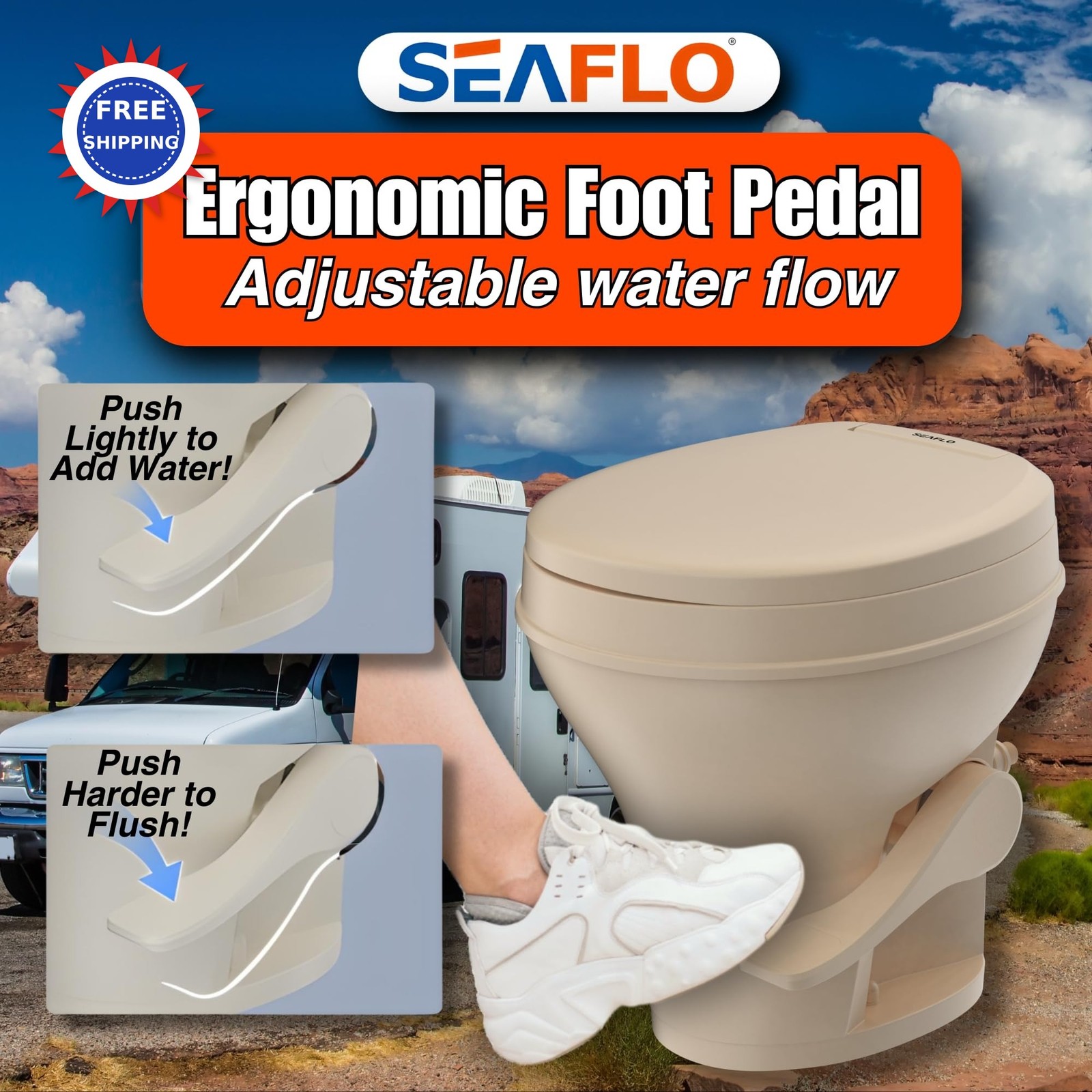 Residential Height Camper RV Toilet Gravity Flush Soft Close Seat SEAFLO Foot