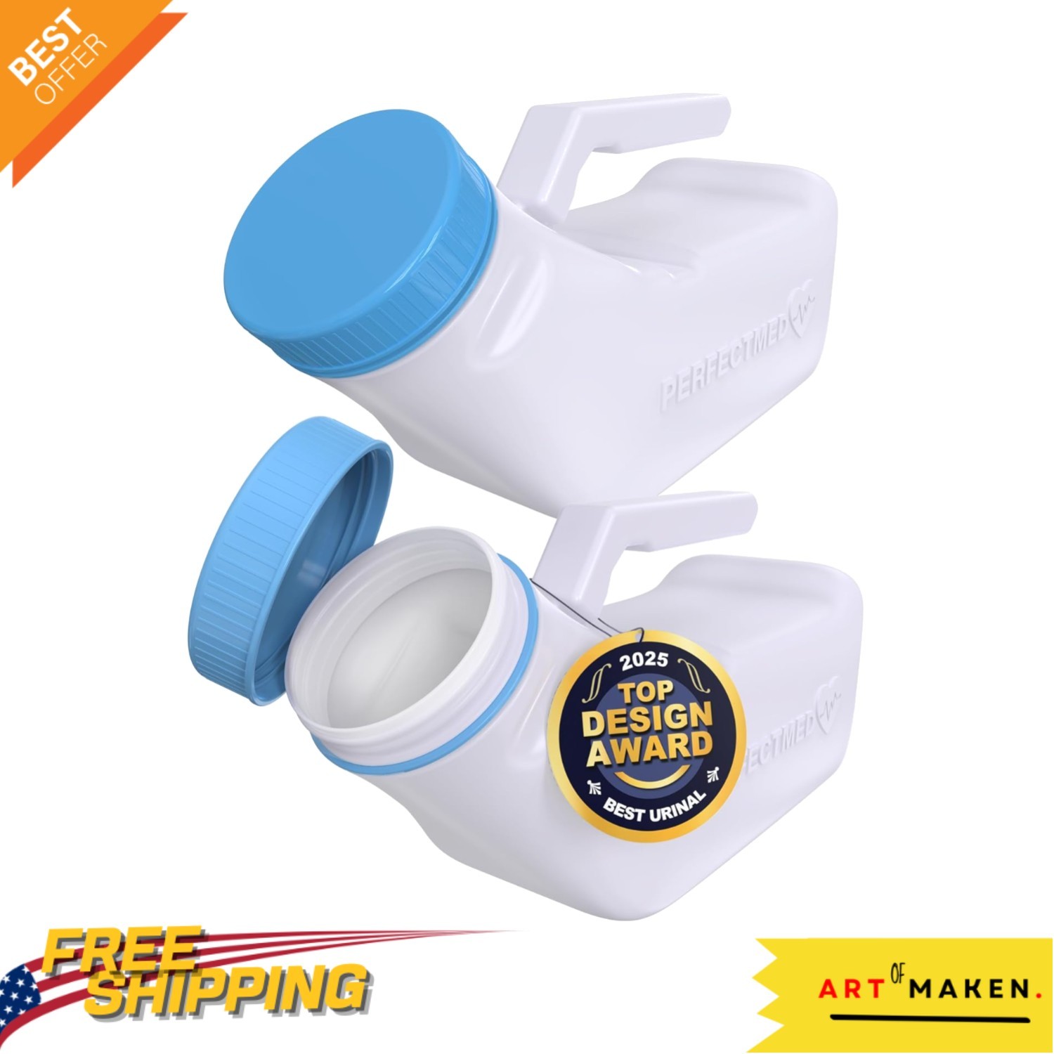 2 Pack Portable Urine Bottle for Men – 32 oz Urinal with Tip Over Protection
