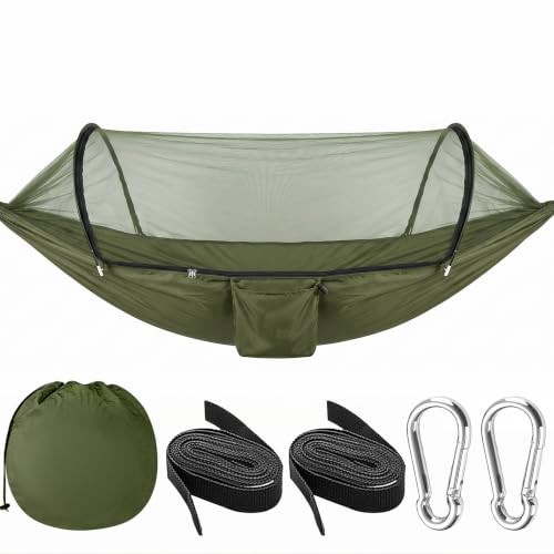 Ultra-Light Travel Camping Hammock with Pop-up Bug Net Hammock, Army Green