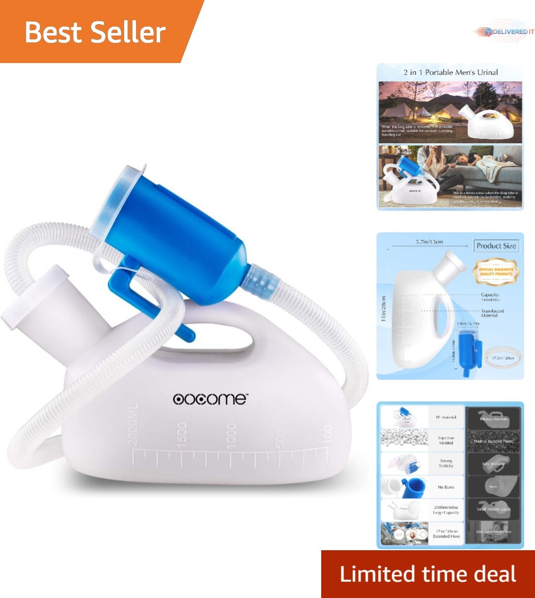 Portable Male Urinal Bottle 2000ml Spill Proof Reusable Camping Toilet
