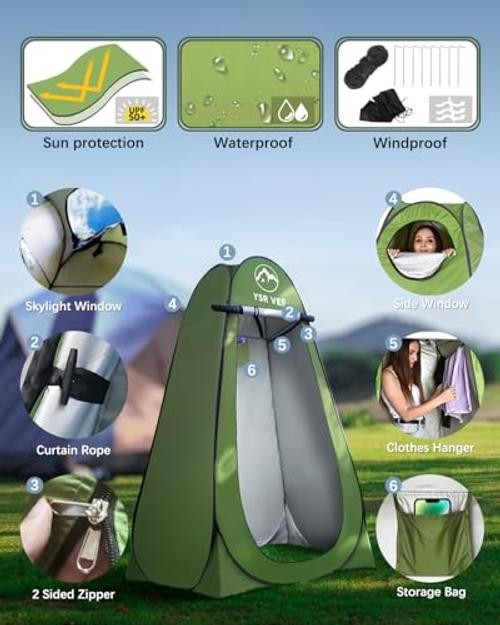 Camping Toilet with Pop-Up Privacy Tent and Liquid Black Toilet and Green Tent