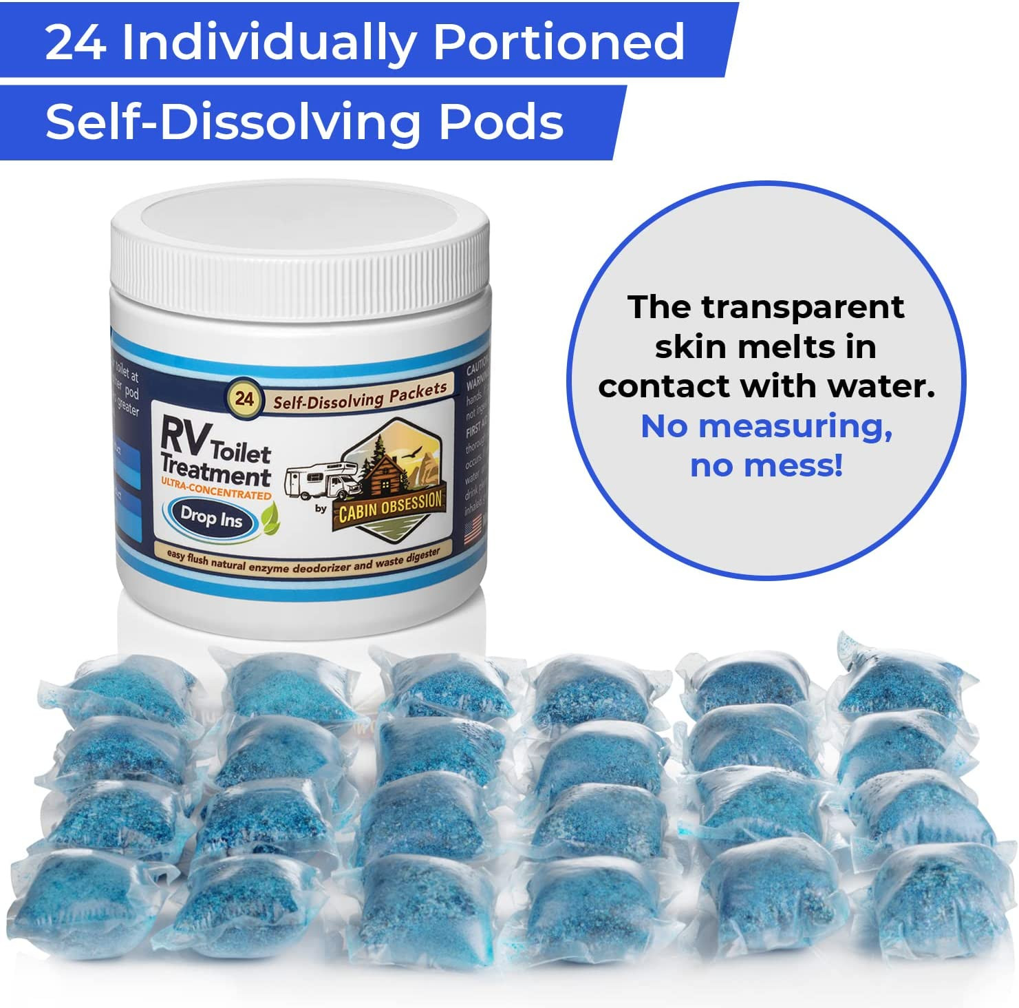 RV Toilet Treatment Drop Ins – 24 Easy Flush Self-Dissolving RV Black Tank Treat