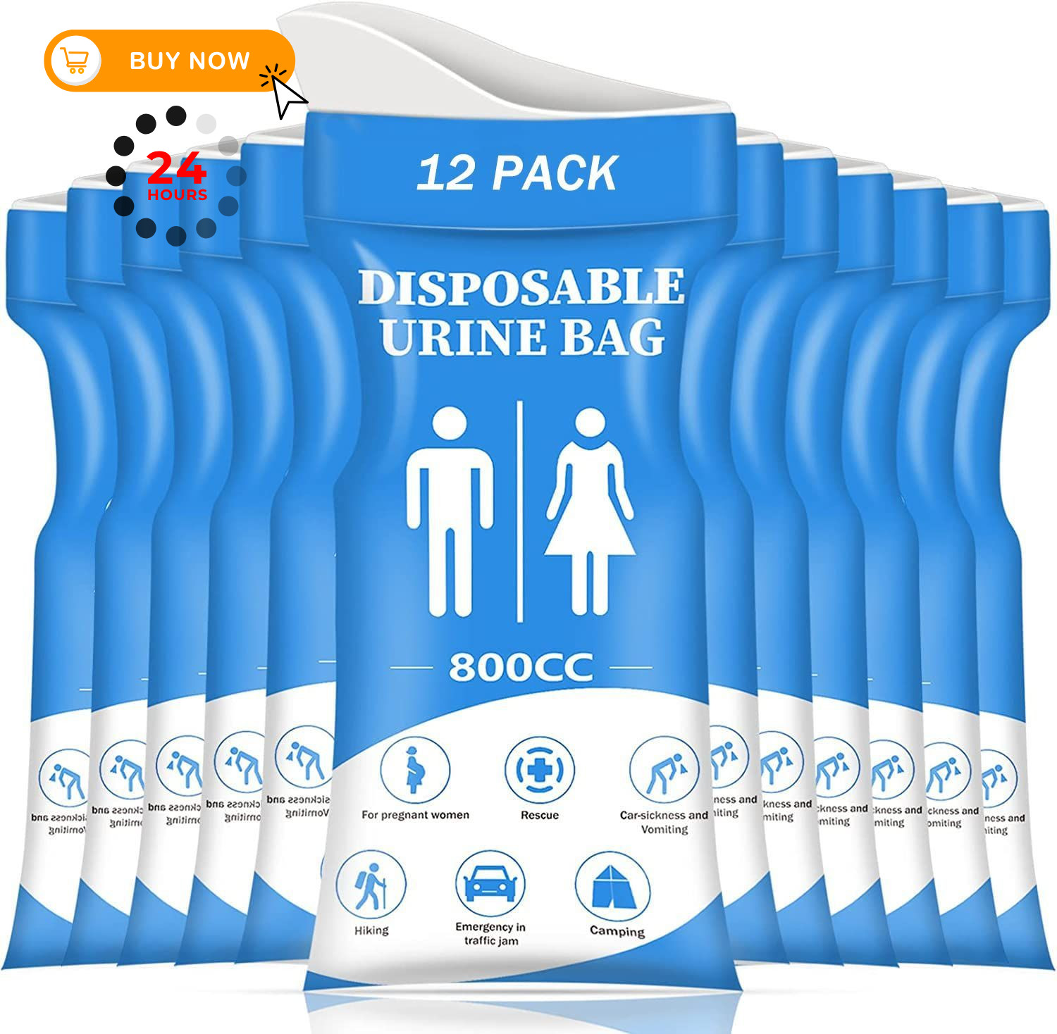 Disposable Urine Bags for Women/Men, 12 Pack Travel, 800CC, Blue-12