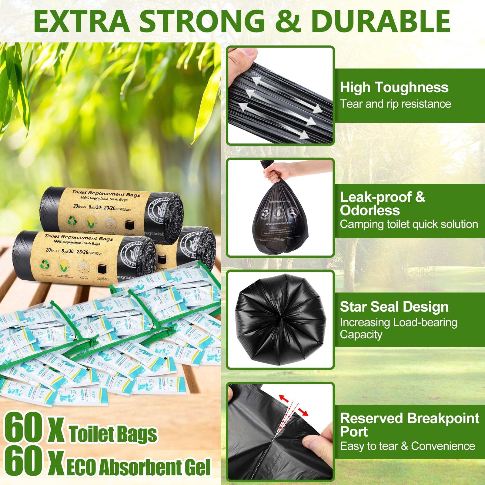 BLIKA 60 Count Camping Toilet Bags Eco Absorbent Gel Set, Portable Toilet Bag…