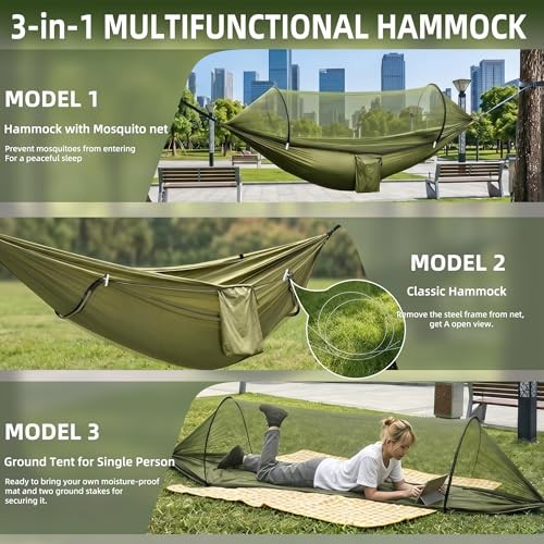 Ultra-Light Travel Camping Hammock with Pop-up Bug Net Hammock, Army Green