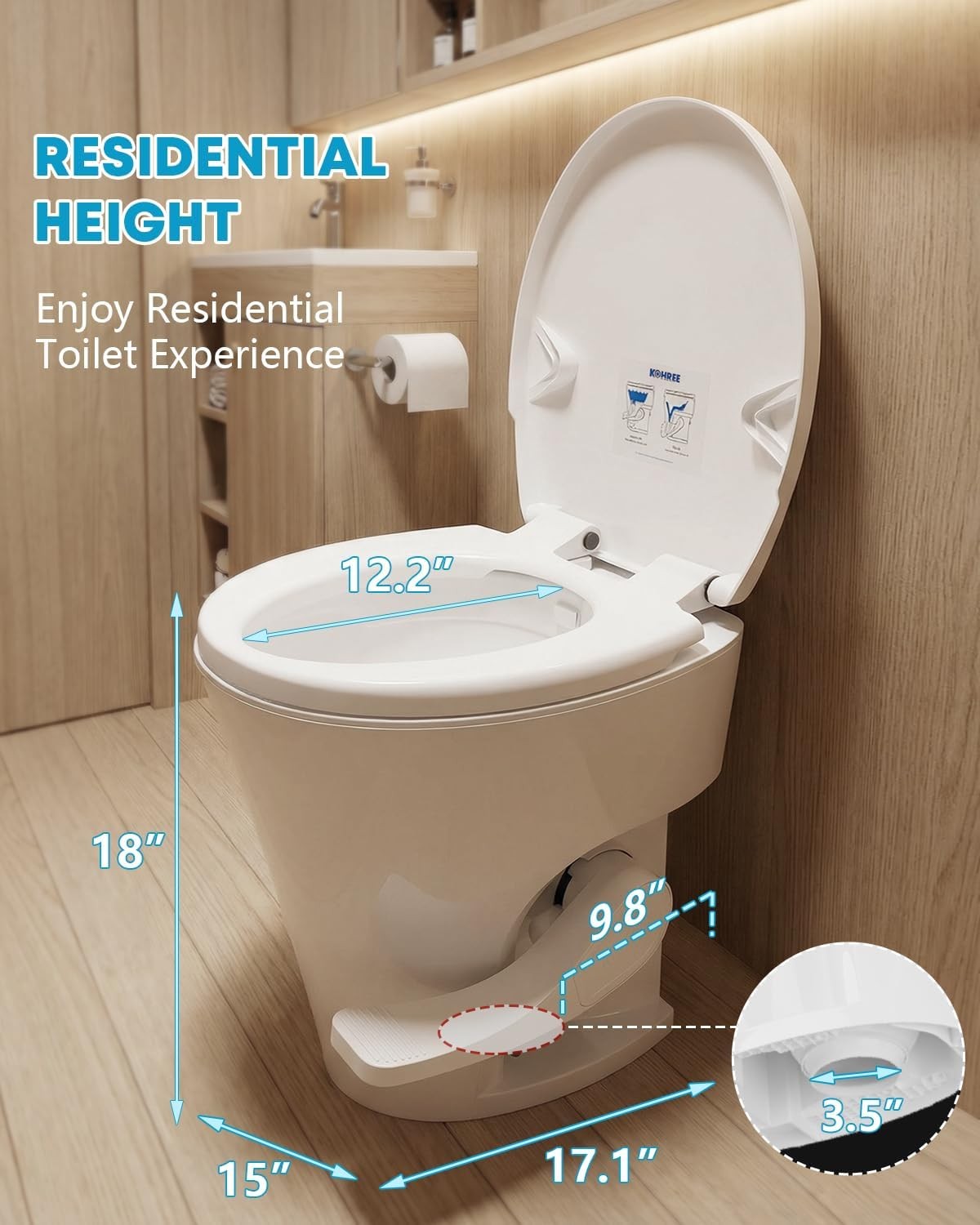 Kohree RV Toilet, 18.5” Residential Height, Soft Close Seat & Cover, Deeper Bowl