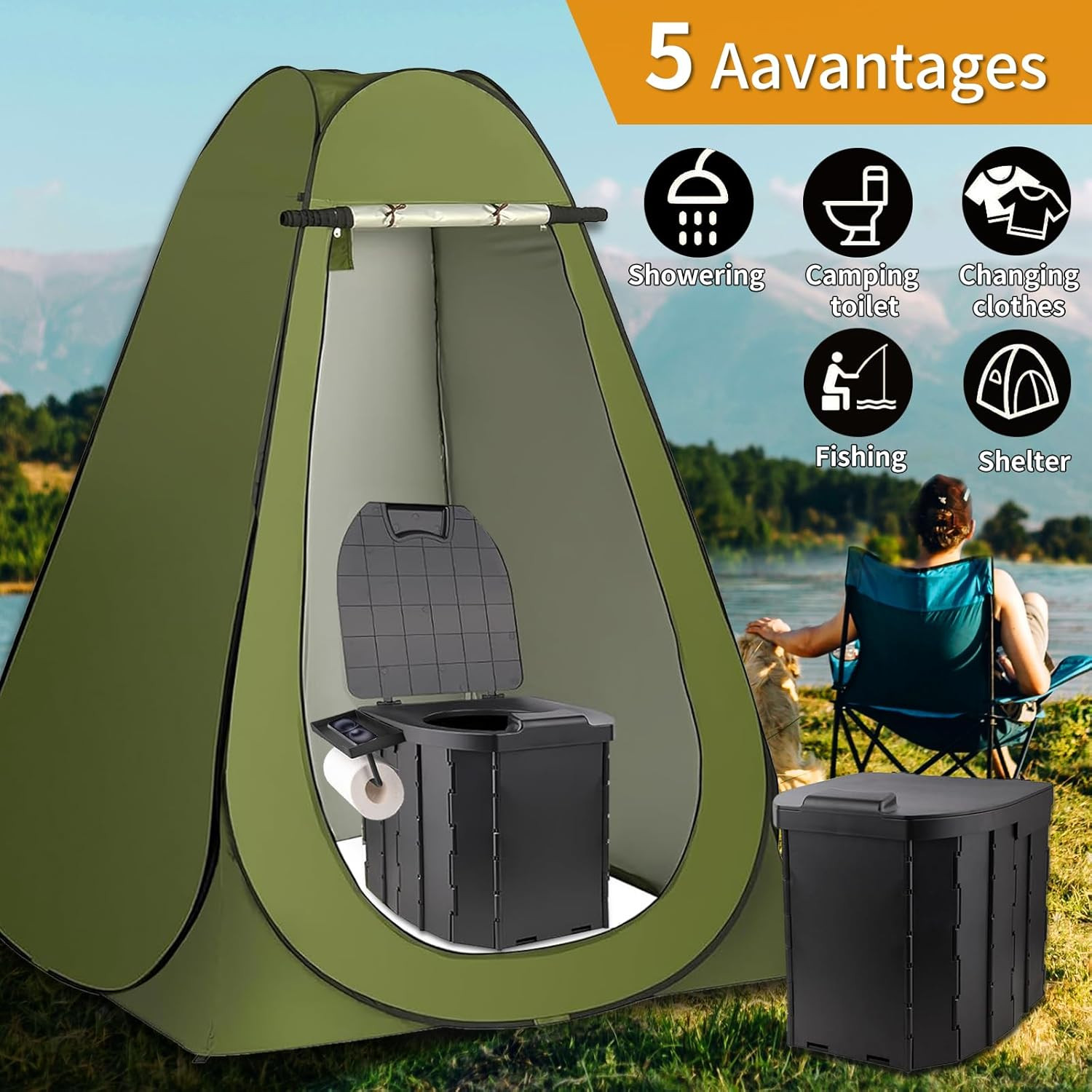 Portable Toilet Kit, Larger Size Portable Camping Toilet with Pop-Up Privacy Enl