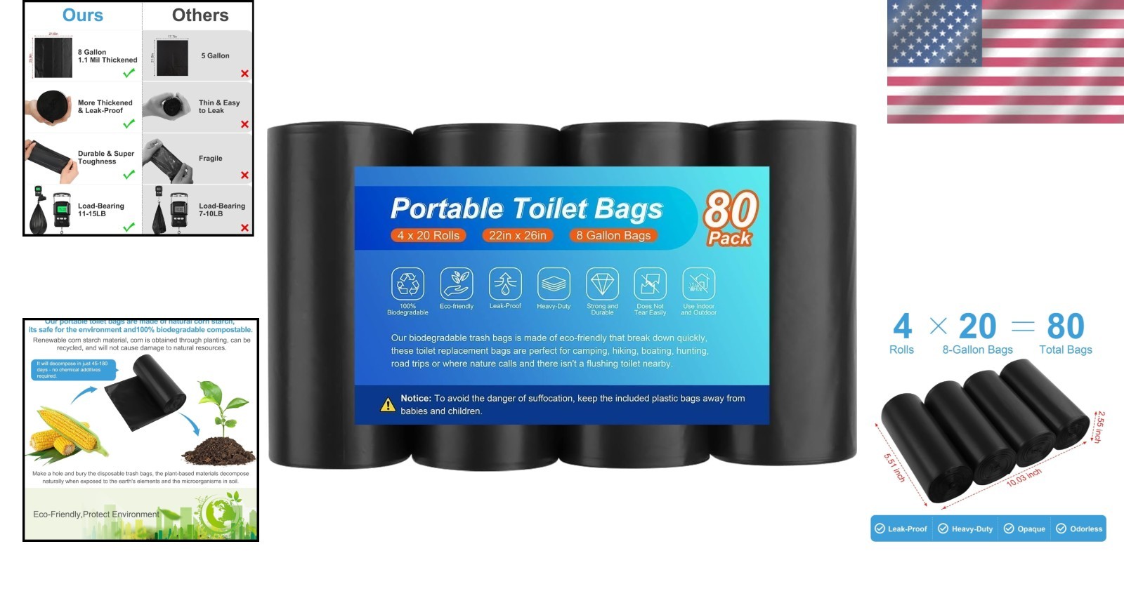 Universal Fit Biodegradable Toilet Liners – 80 Count for Outdoor Adventures