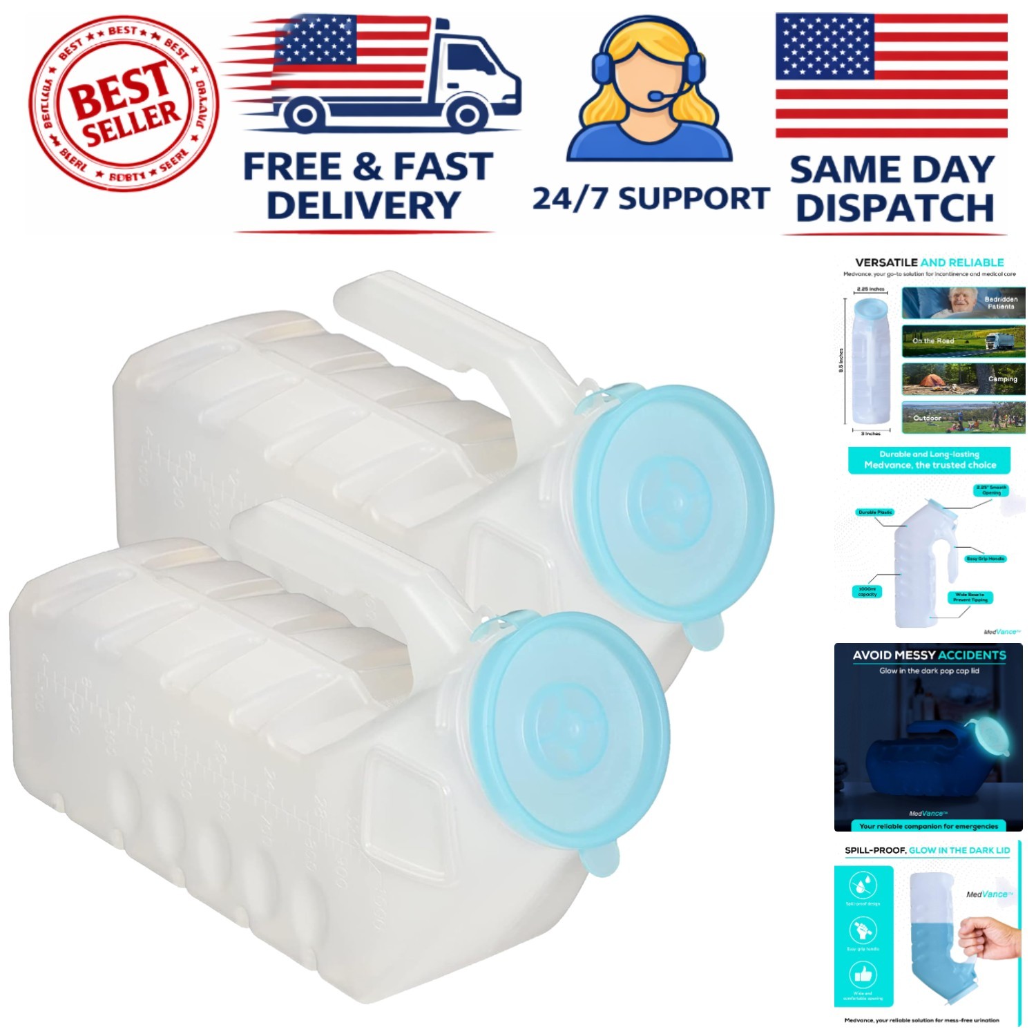 Spill-Proof Men’s Urinal Bottle Set – 2 Pack, 1000ml with Glow Lid for Safety