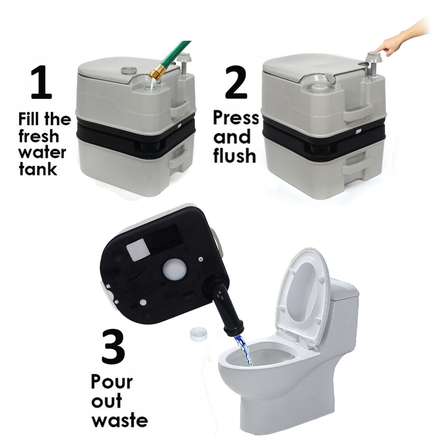 24L 6.3 Gallon Advanced Portable Toilet Flush Camping Travel Piston Pump Commode