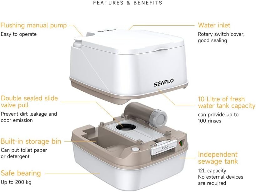 SEAFLO 12L Premium Portable Travel Toilet – 3.2 Gallon Waste Tank