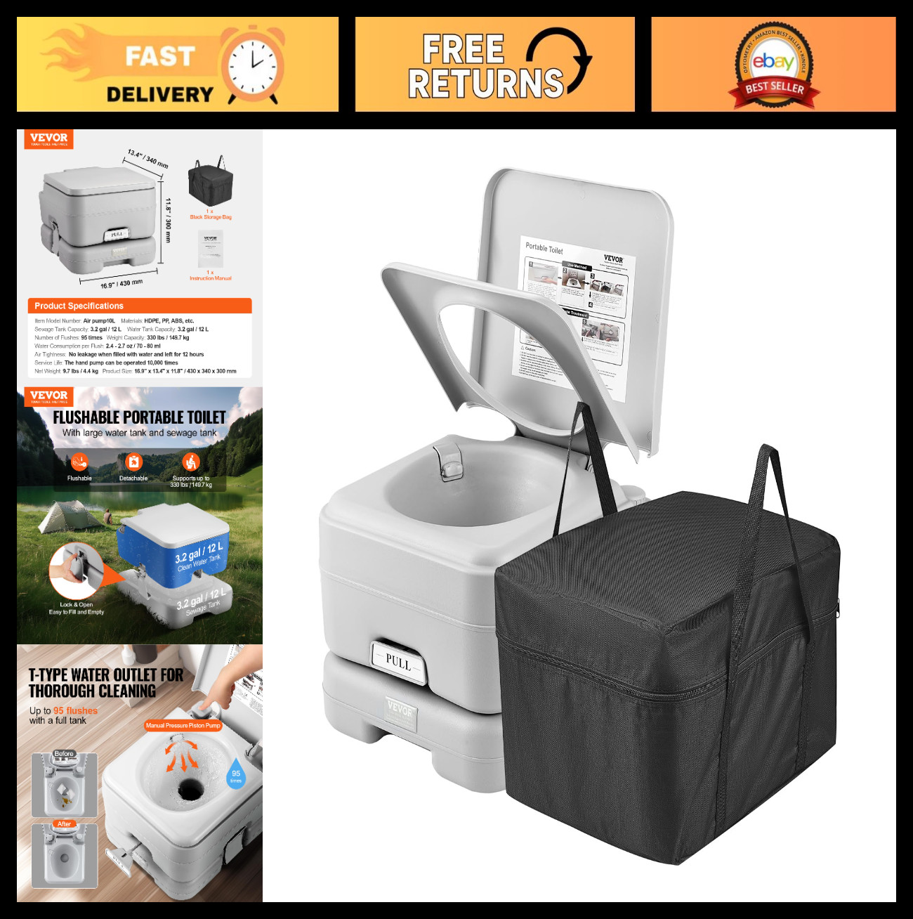 Portable Camping Toilet, 3.2 Gal Flush & Waste Tank, Pressurized Commode, Travel