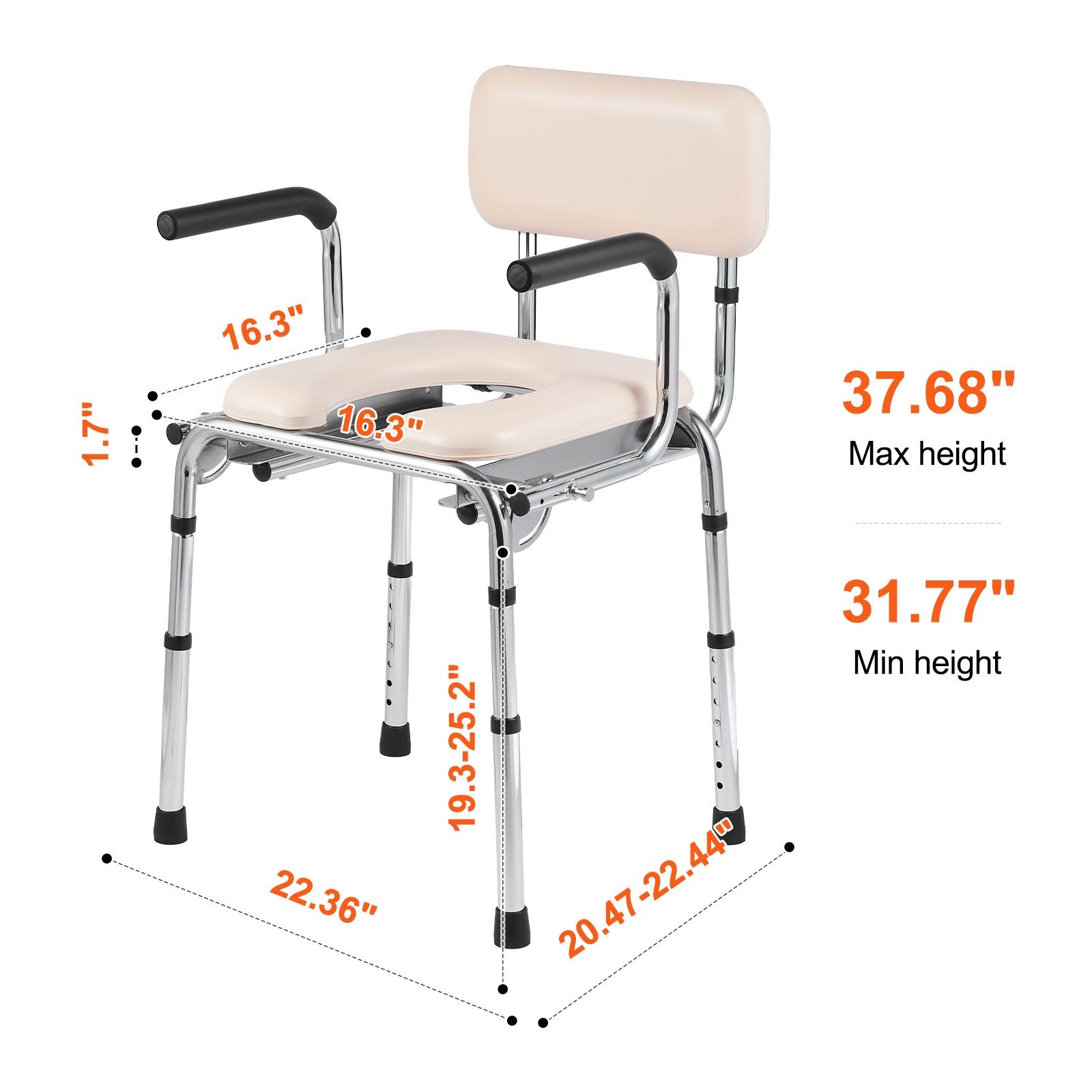 Commode Chair, Bedside Commode with Padded Seat, Drop – Down Arms, 7 – Level