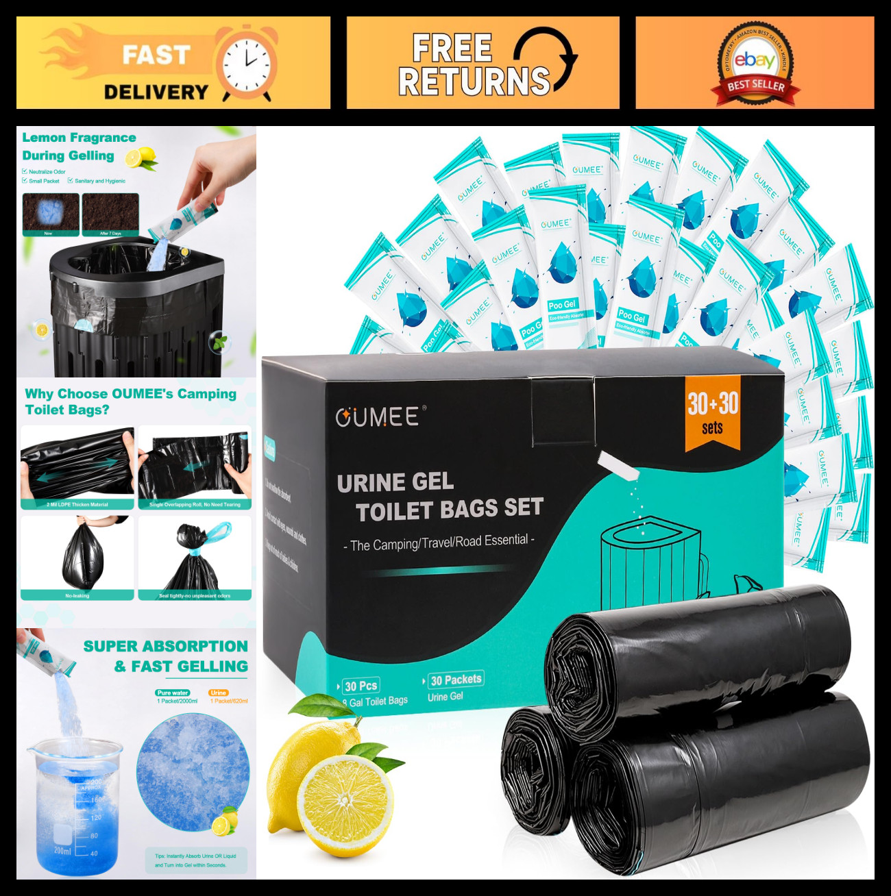 30 Portable Toilet Bags & Poo Gel Set – 8 Gallon Camping Waste Bags for RVs & Tr