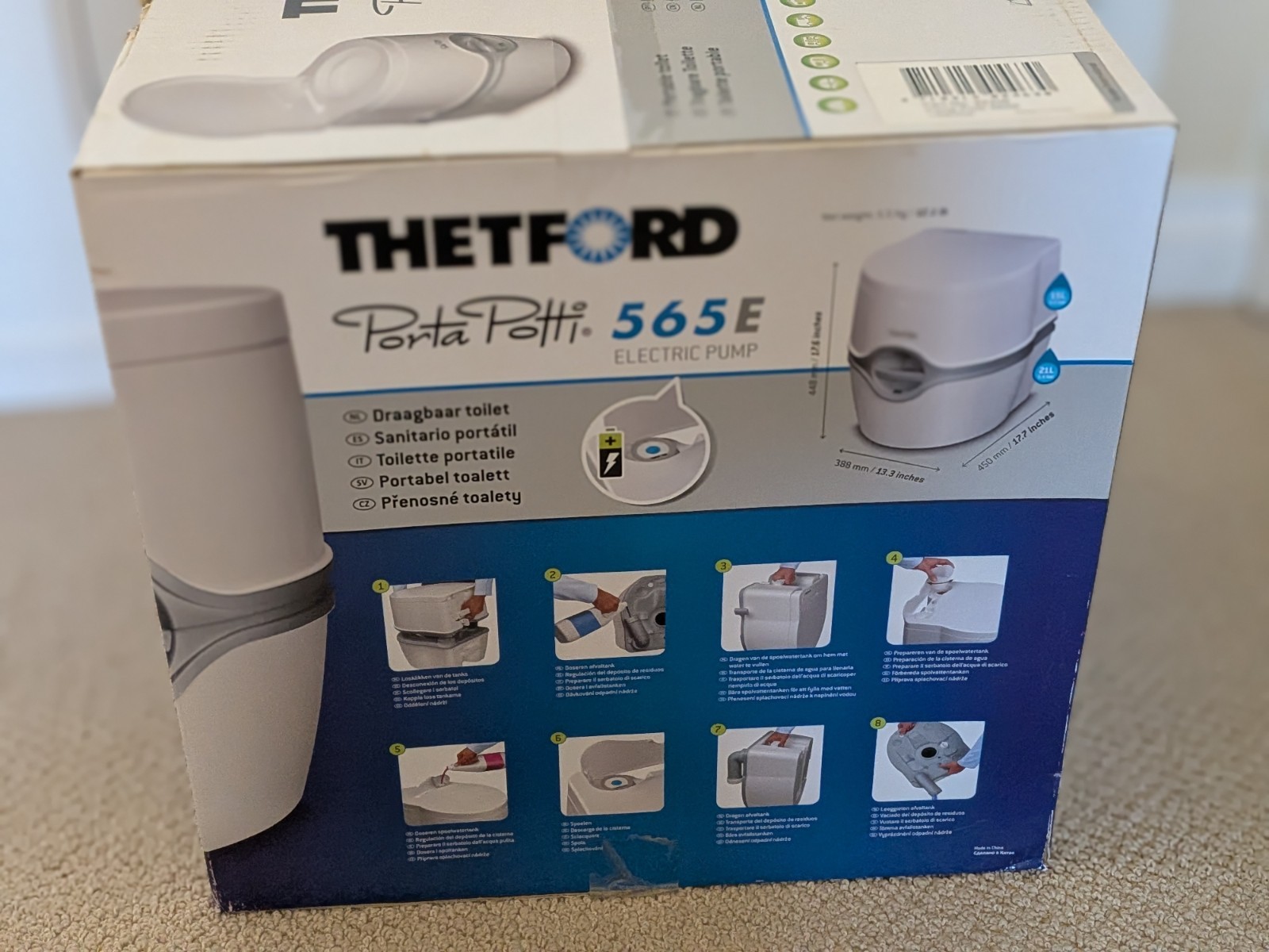 Thetford Porta Potti 565E Portable Camping Toilet, Electric Pump, White/Gray