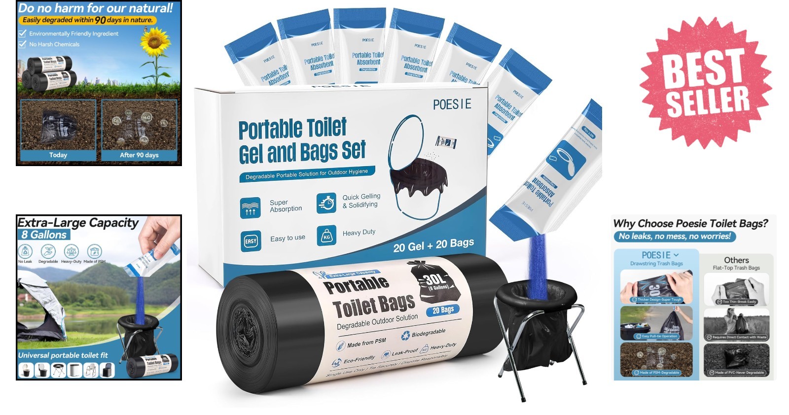 Universal Fit Portable Toilet Gel & Bags Set – 20 Gels for Outdoor Essentials