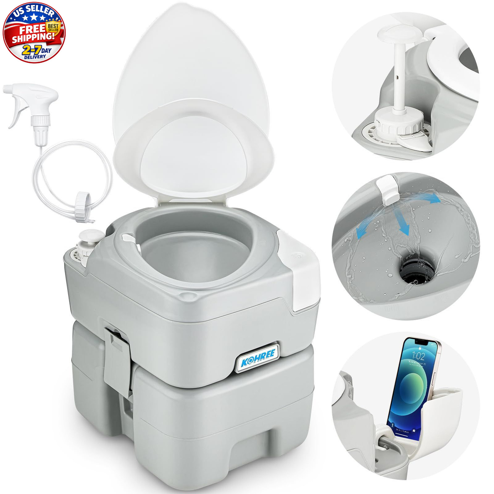 Camping Toilet Portable 5.3 Gal: 20L Porta Potty for Adults with Diagonal Elonga