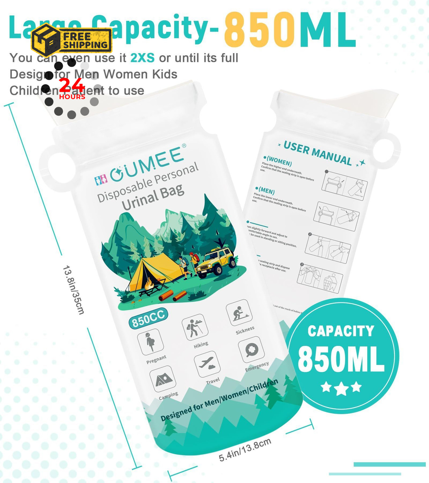 OUMEE 850ML Emergency Disposable Urinal Bags, 8/12/20/28 Pcs Large, white