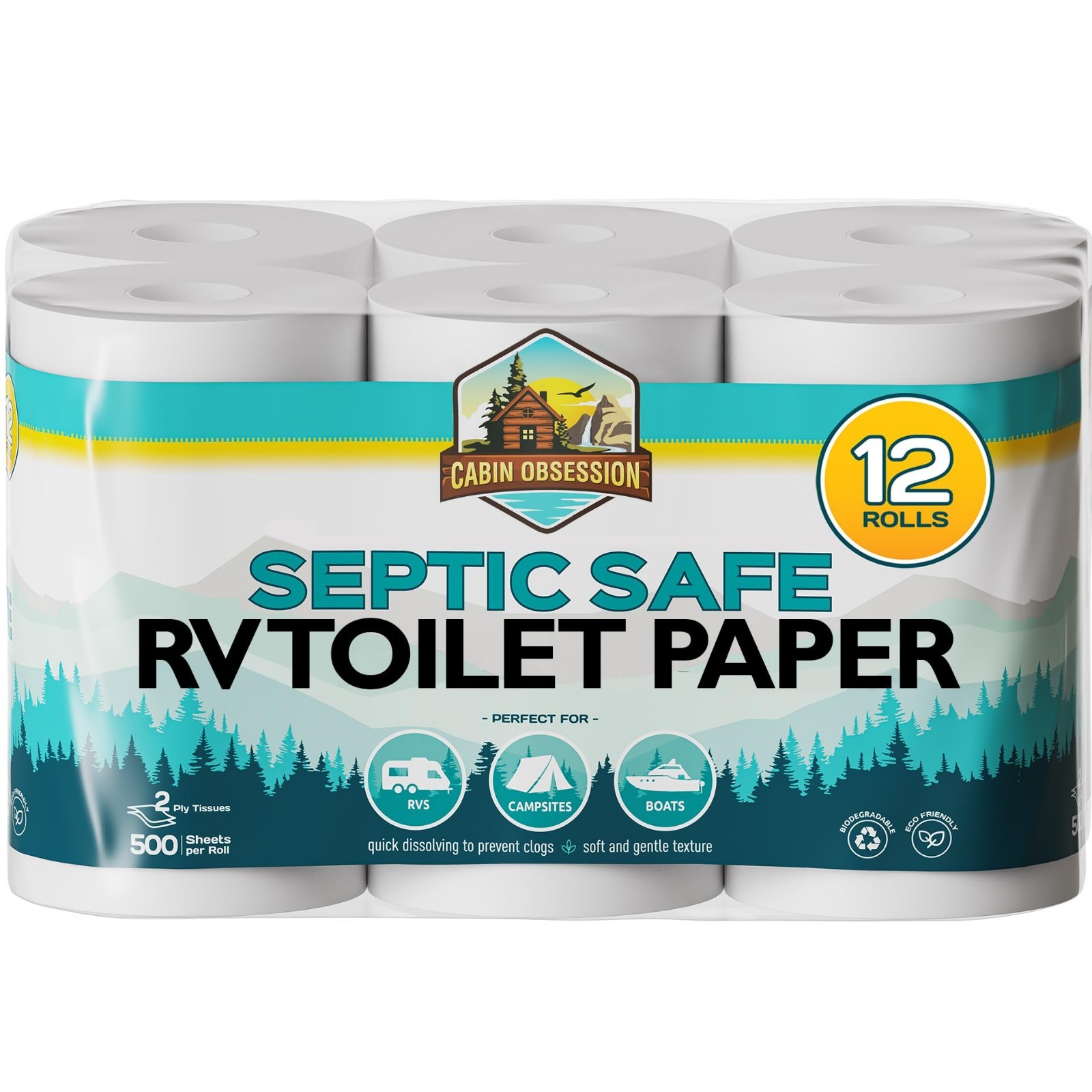 Septic Safe RV Toilet Paper – 12 Pack, 2-Ply Quick Dissolving Camper Tissue