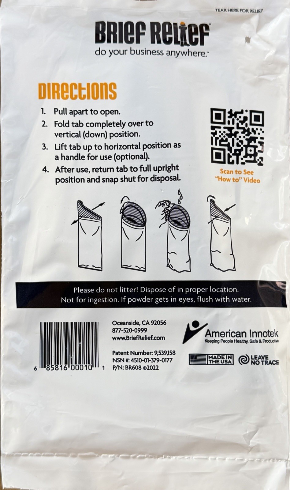 10-PK! Brief Relief Disposable Urinal Bag, Leave No Trace (Lot of 10)!