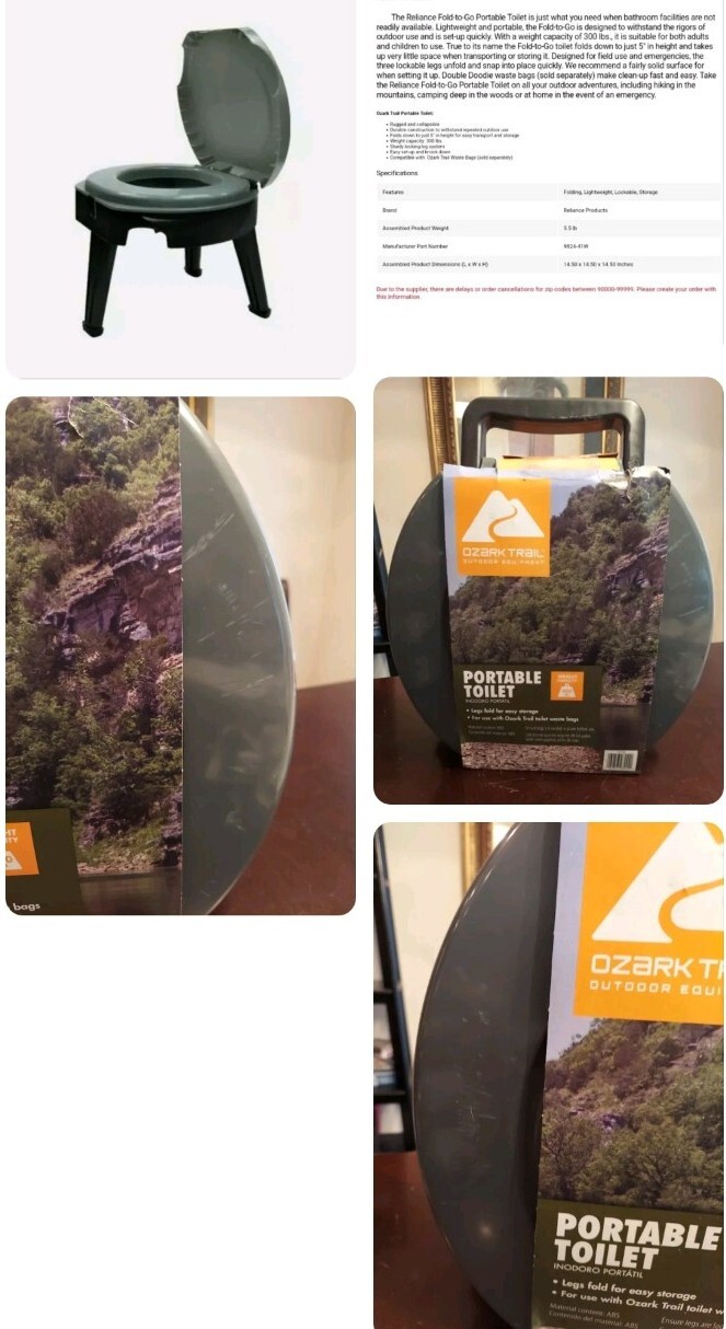Folding Portable Toilet Reliance Fold-To-Go Collapsible Camping and Hiking Trips