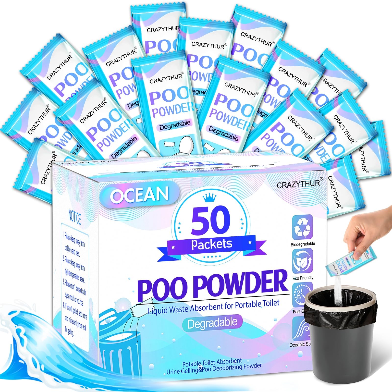 CRAZYTHUR Portable Toilet Gel, 50 0.35 Ounce (Pack of 50), 50Pcs-Ocean