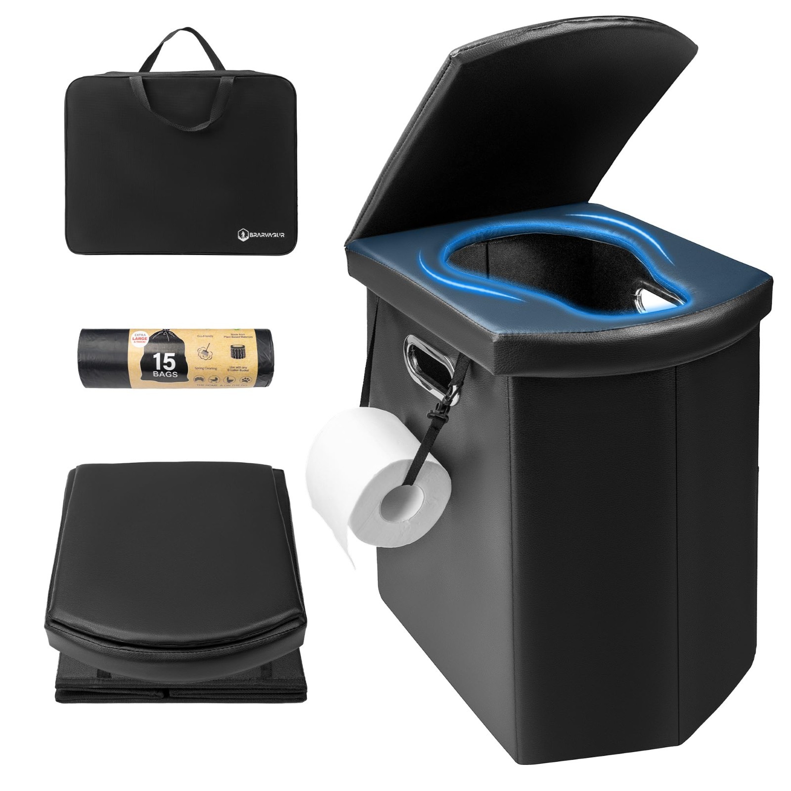 Folding Portable Toilet 17.5″ Adult Height, 300 lbs Capacity, Collapsible Travel